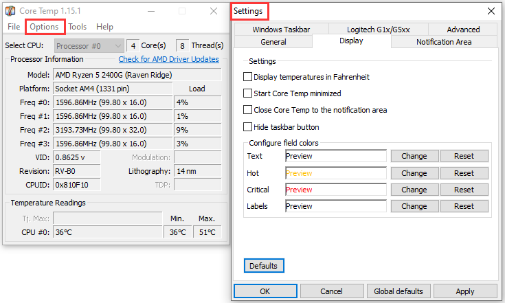 the main interface of Core Temp and its settings