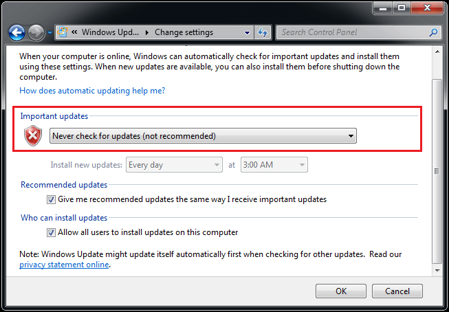 disable Windows 7 automatic update