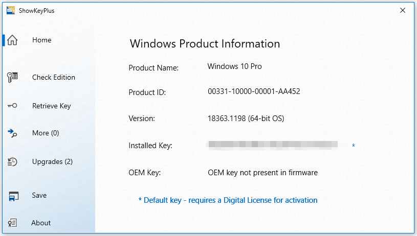 ShowKeyPlus presents your Windows 10 license key