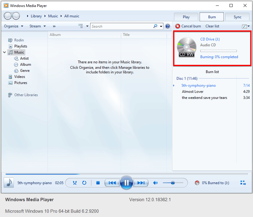 Windows Media Player is burning the music files to CD